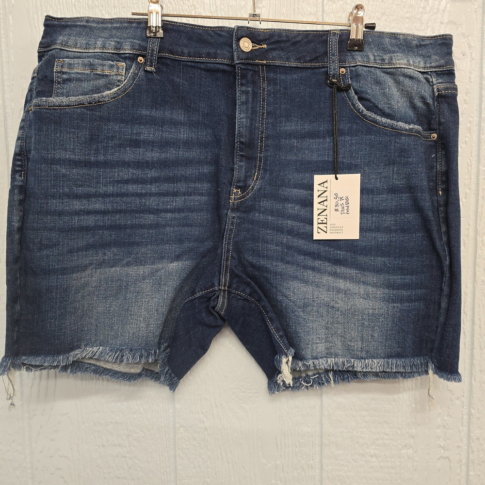Zenana Outfitters Dark Blue Frayed Hem Jean Shorts